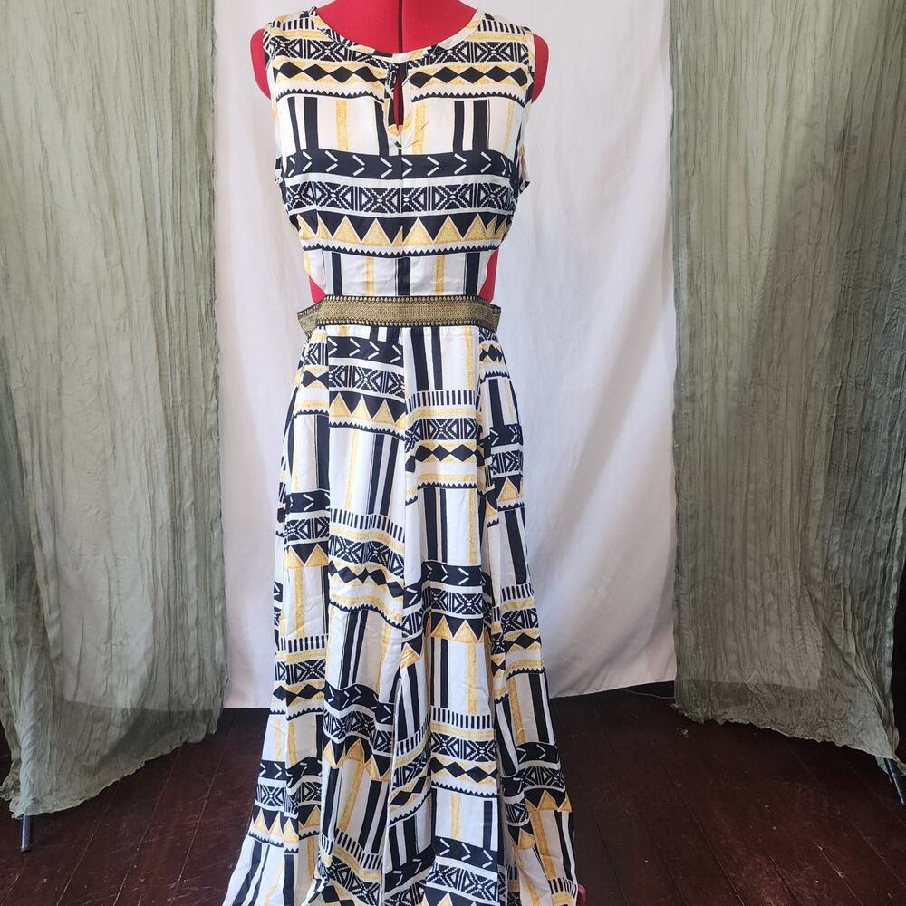 NWT Reveuse White Yellow Long Maxi Dress Side Cut Outs Side Slit Size  L